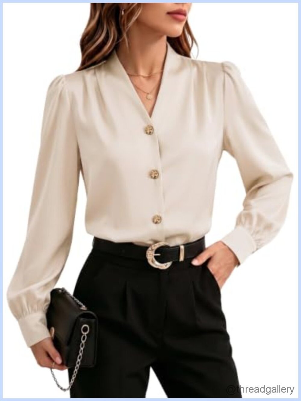 Satin V-Neck Button Down Blouse with Puff Sleeves